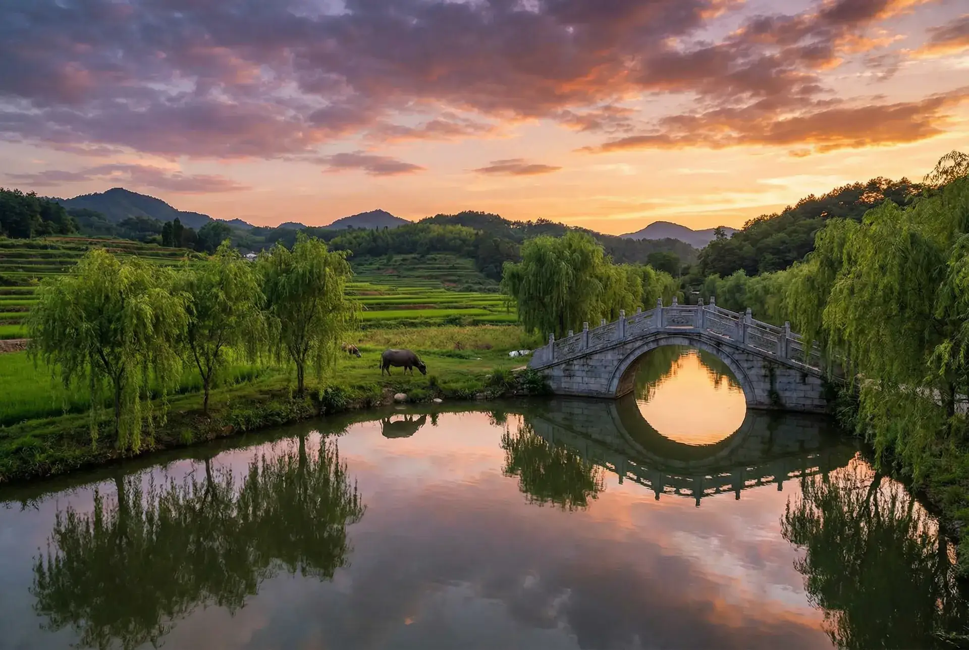 夕阳下的石拱桥与垂柳，水牛在河边吃草 - 我们的爱情不正常 乡村美景